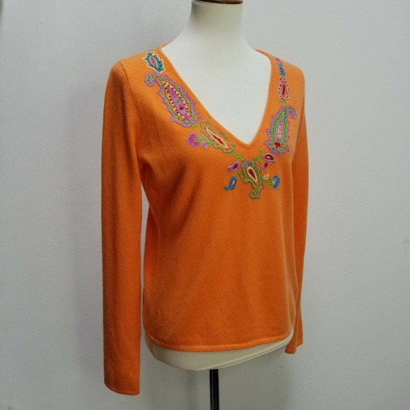 Ralph Lauren Black Label Women's V-Neck Cashmere Sweater Embroidered Orange Sz L - Picture 7 of 12